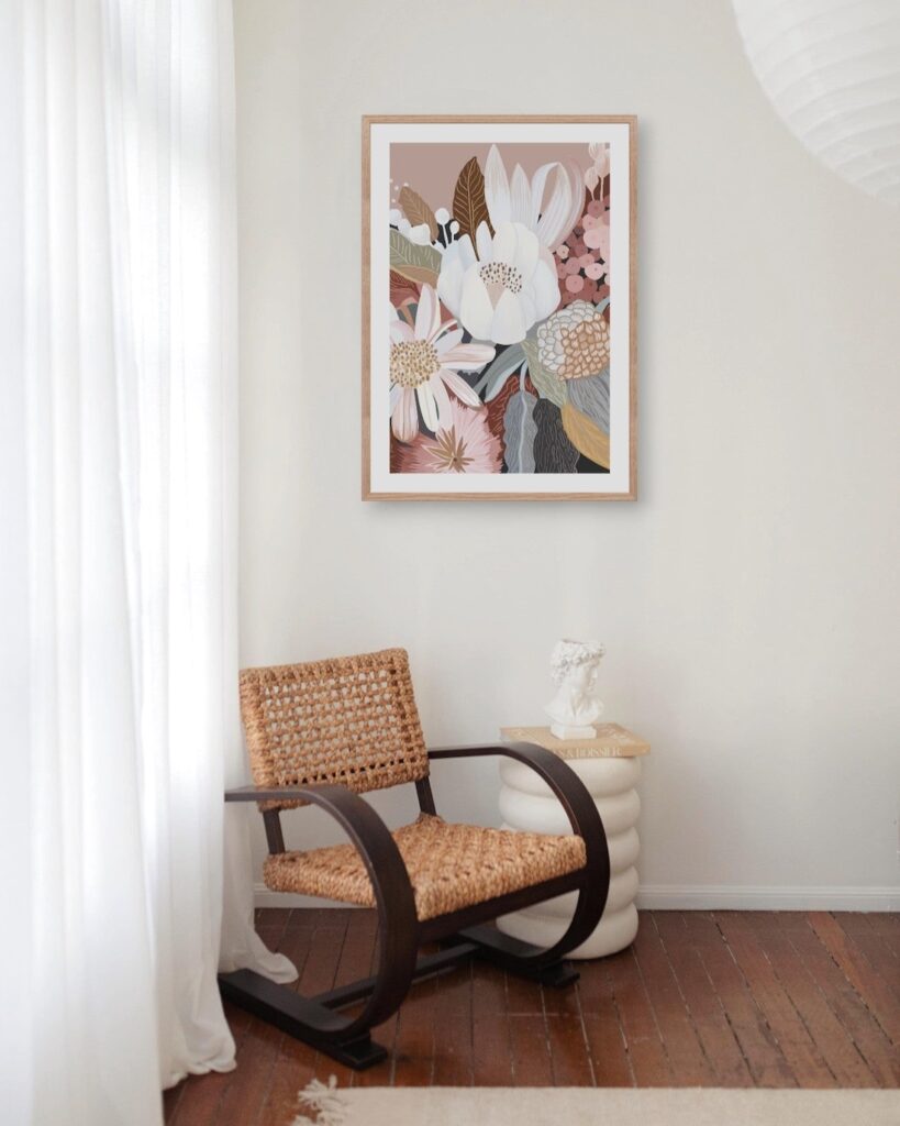 Haven Prints floral artwork above occasional chair