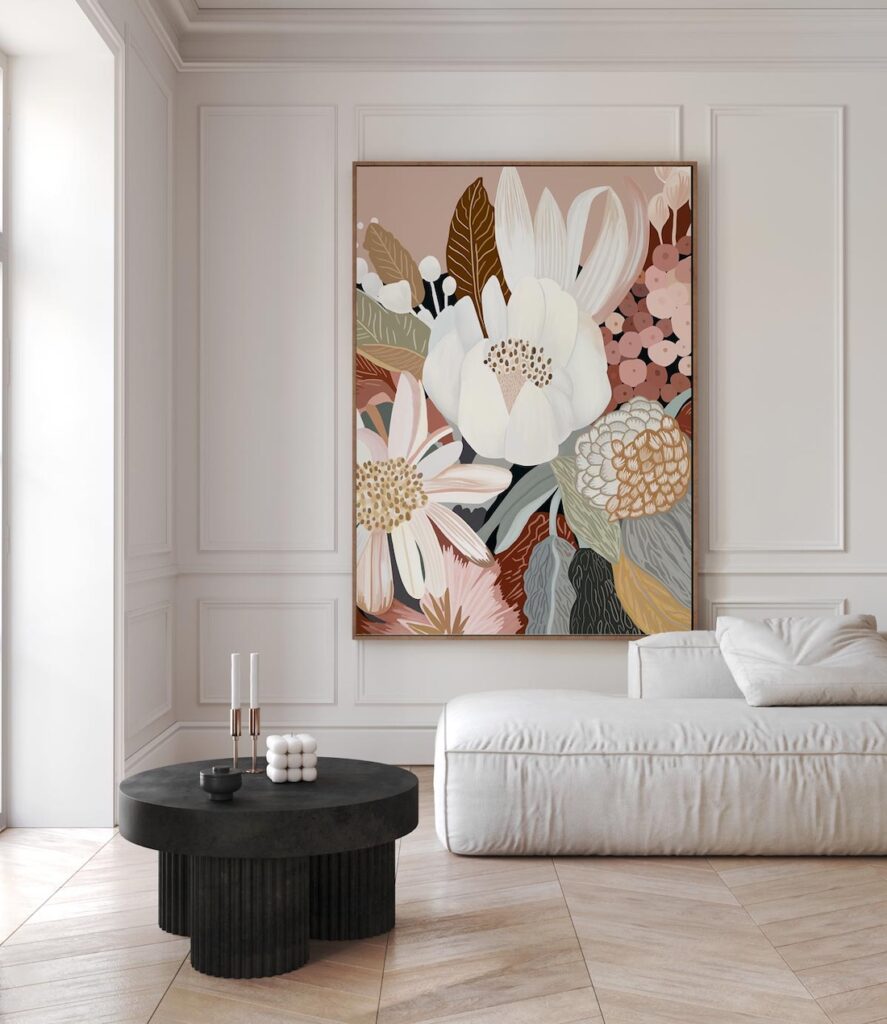 Haven Prints floral artwork in living room