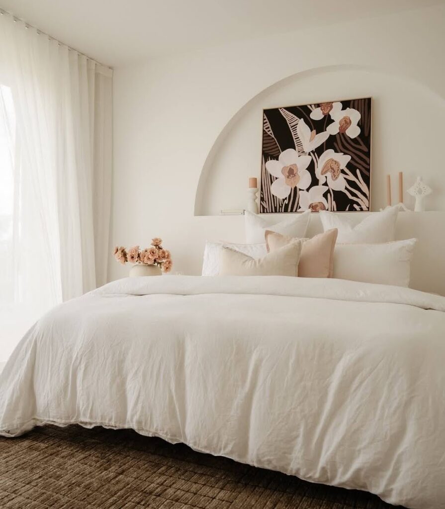 Haven Prints artwork in dark neutrals in bedroom