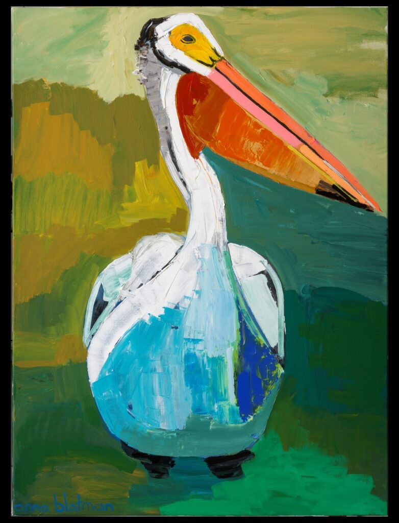 Colourful pelican portrait in bold brushstrokes