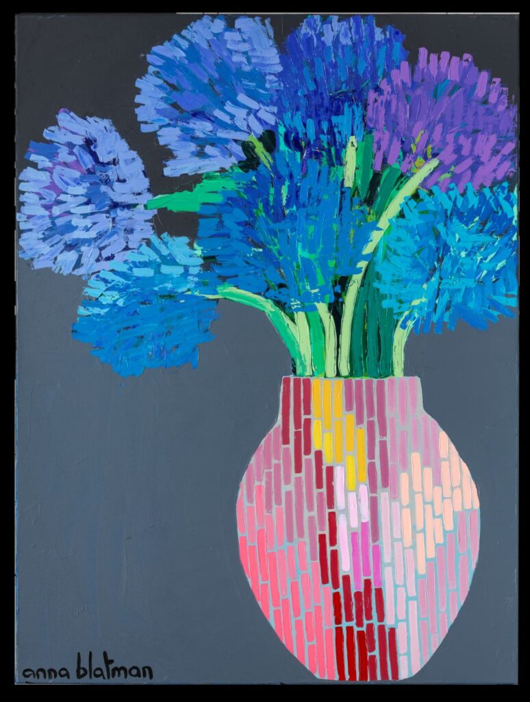 Bold blue florals in textured vase