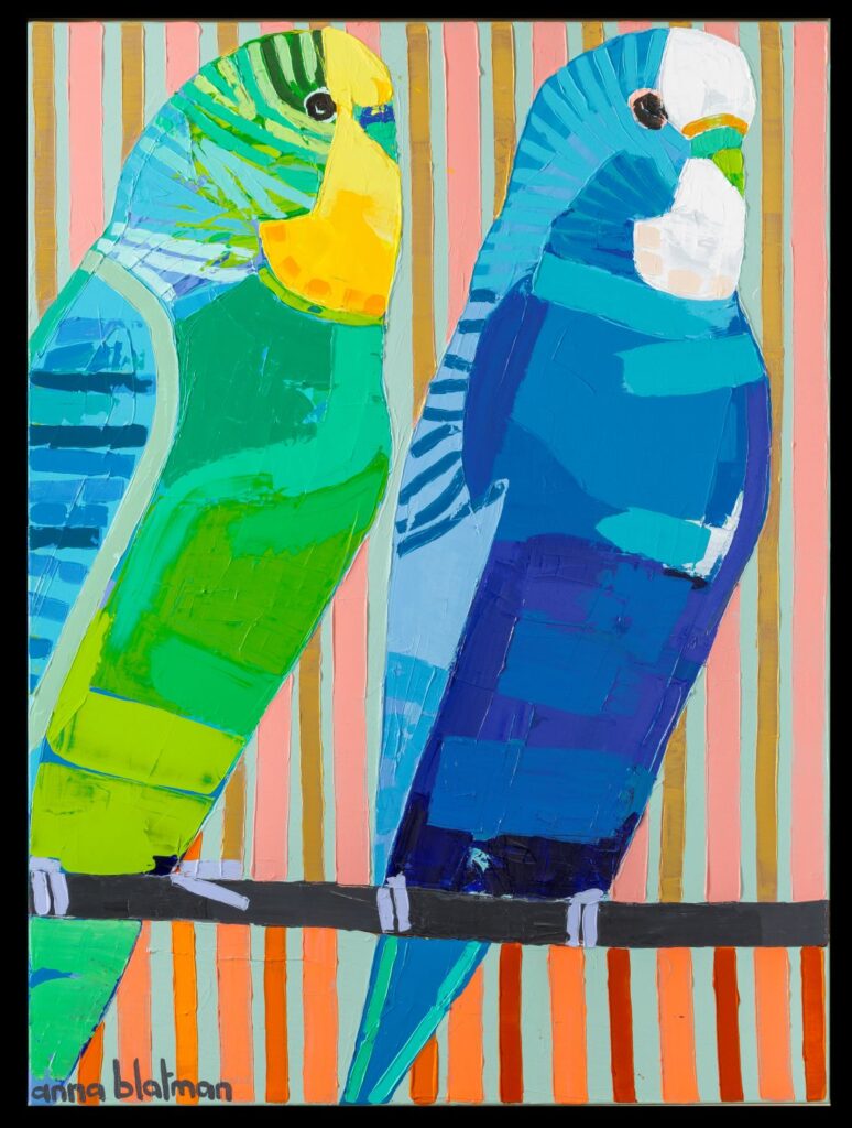 Vibrant budgies in playful modern composition