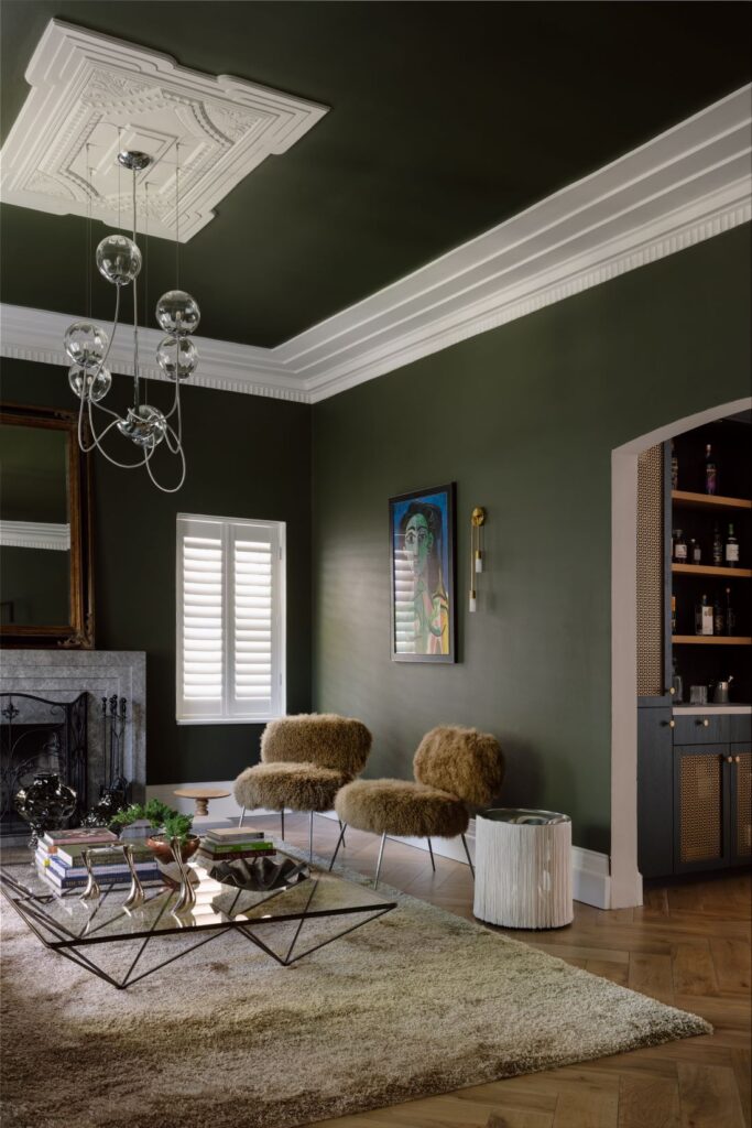 Living room with deep green walls, luxurious rug, modern furniture, and a cozy ambiance.