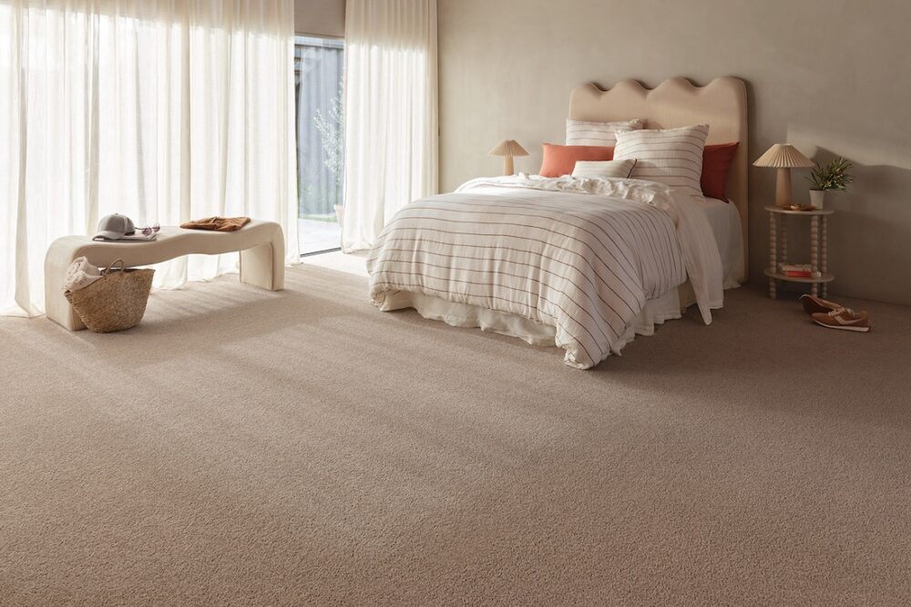 Warm neutral plush carpet in bedroom