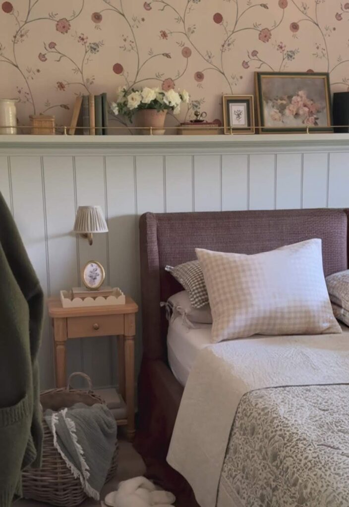 Floral wallpaper and timber shelf in bedroom