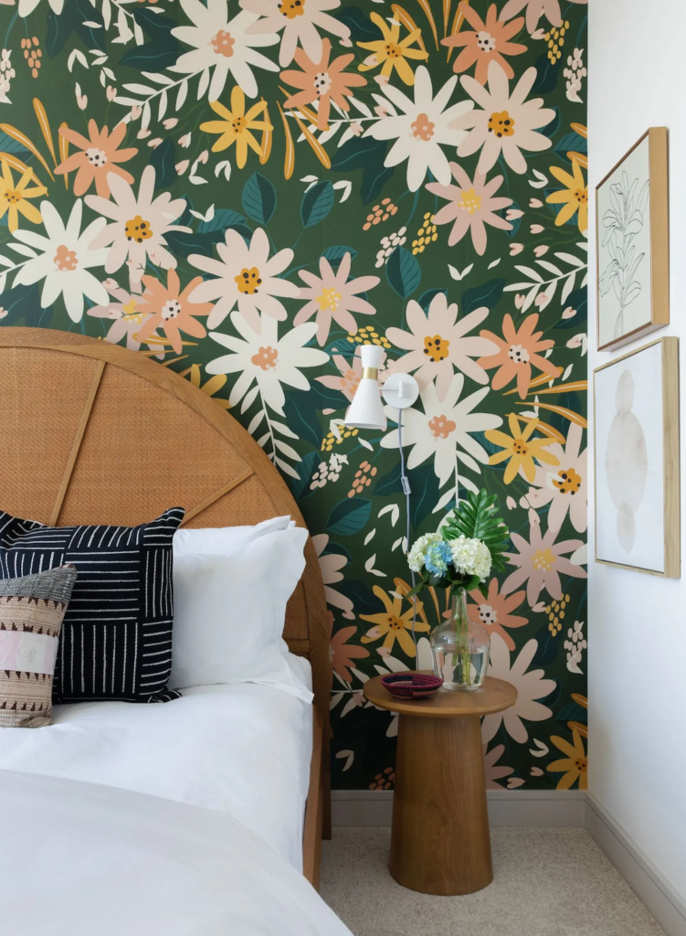 Floral wallpaper in bedroom