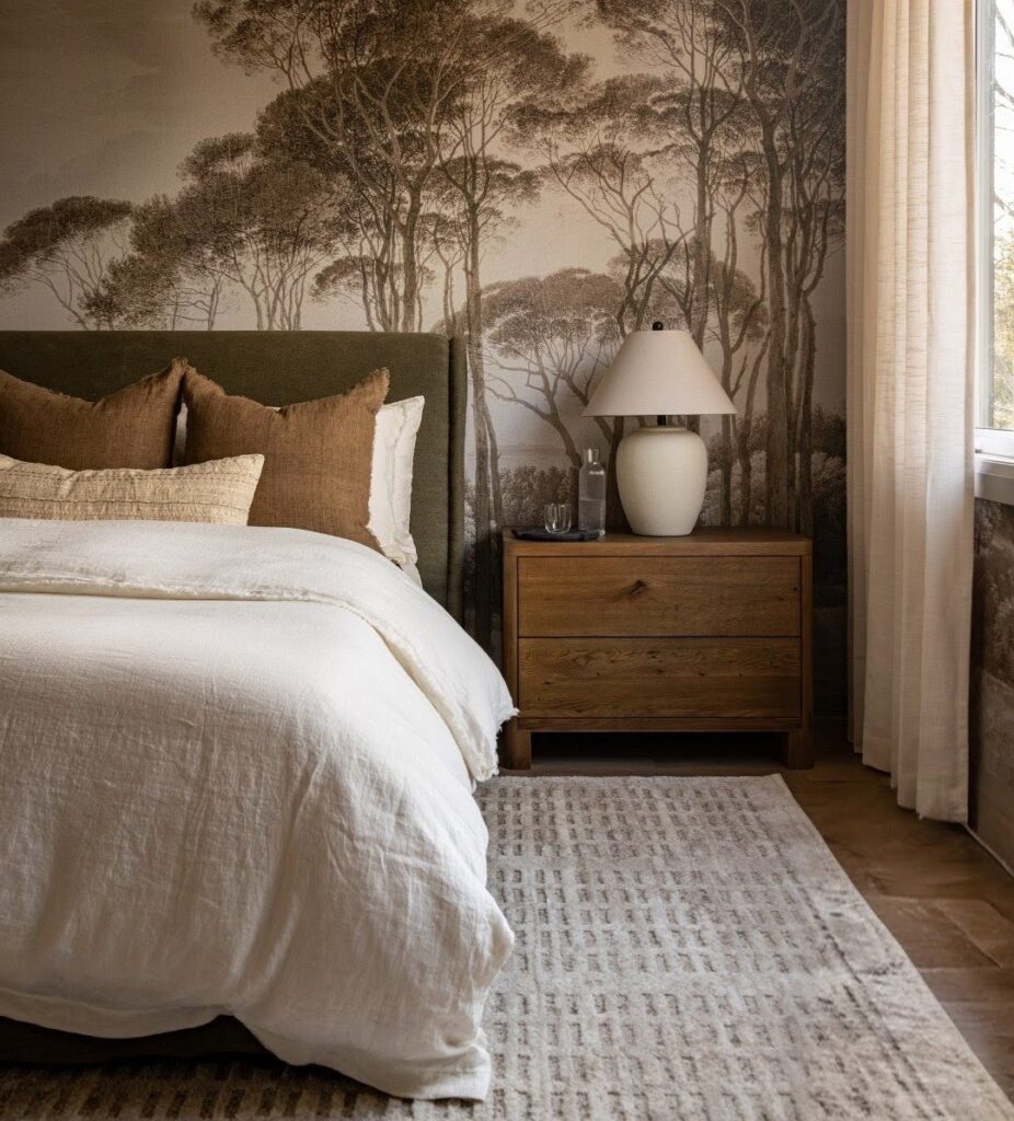 Forest wallpaper bedroom feature wall