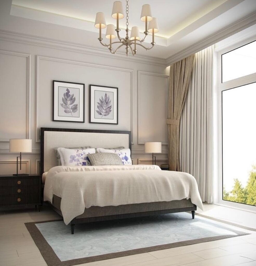 Luxe bedroom with chandelier wall panelling and crown moulding