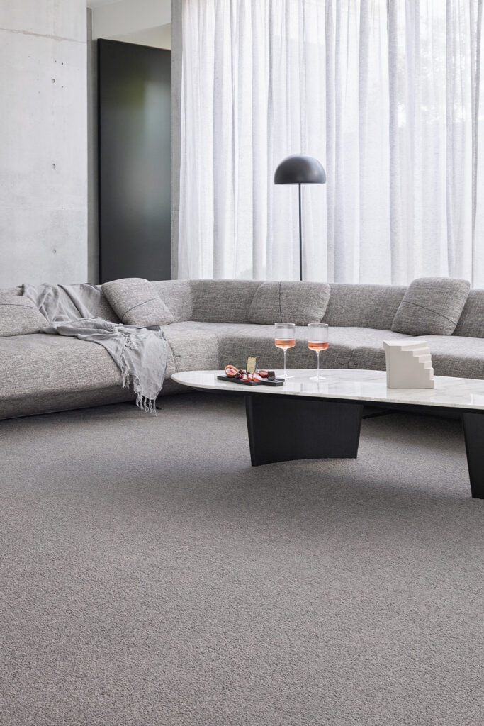 Grey carpet in monochromatic living room