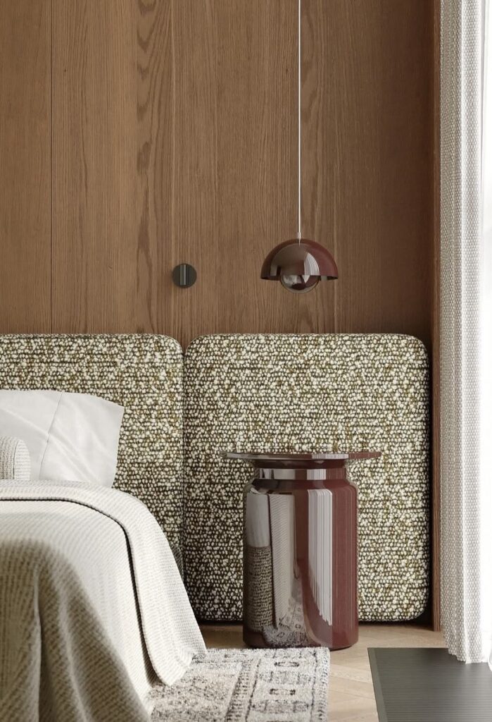 timber feature wall and statement fabric headboard