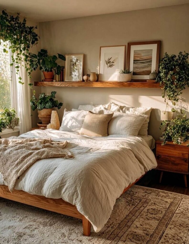 Timber floating shelves with artwork and plants in bedroom