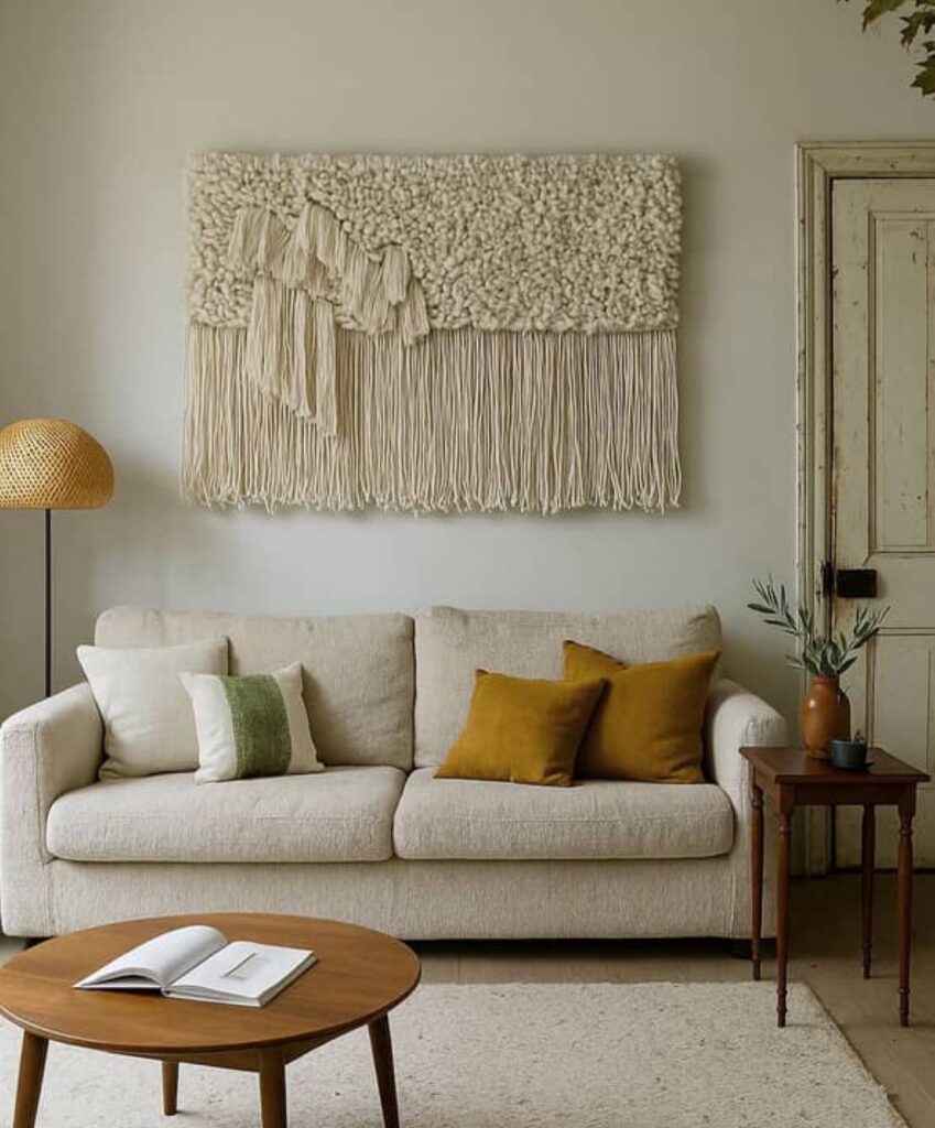 Living room with cream sofa and large woven wall hanging
