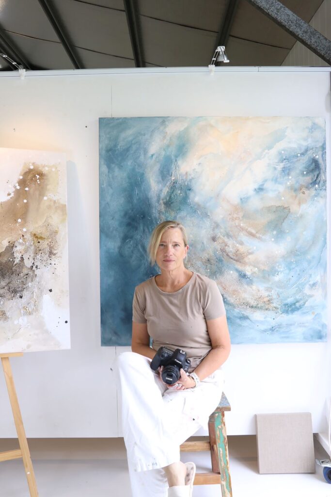 Abstract painting in blue and beige inspired by Karin Cutler