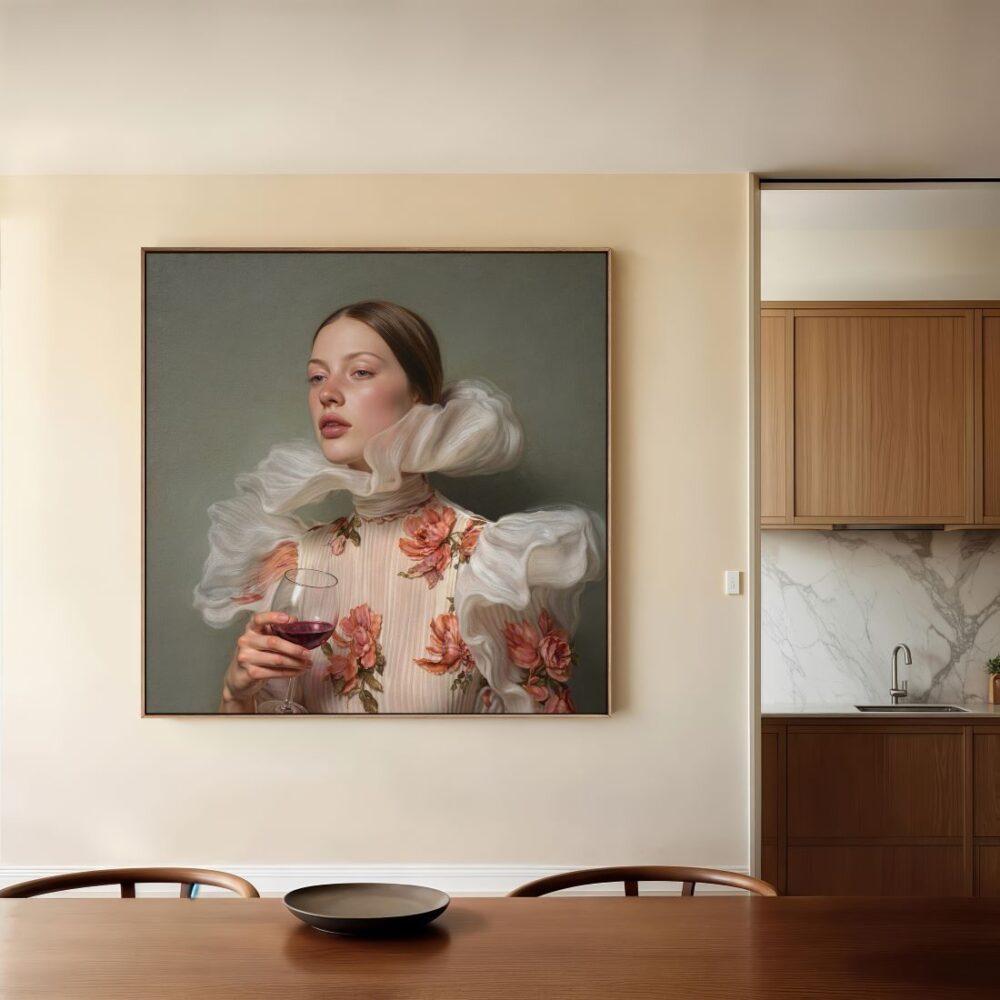 Hyper-realistic portrait of a woman in floral blouse with voluminous ruffled sleeves holding a wine glass