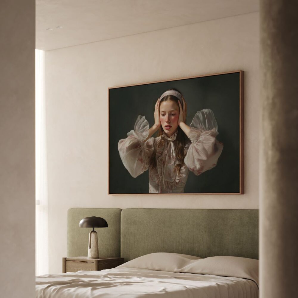 Hyper-realistic portrait of a woman wearing a blouse with voluminous sheer sleeves
