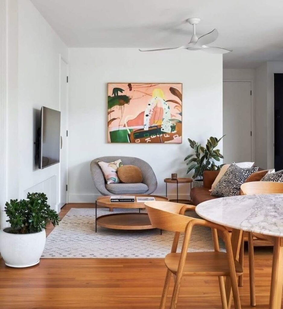 Artwork in living room with pastel colour palette from Georgie Wilson