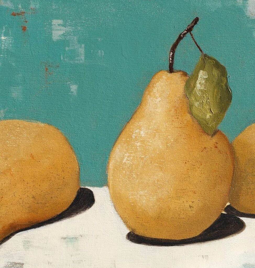Up close details of still life painting of a pear by Karin Cutler