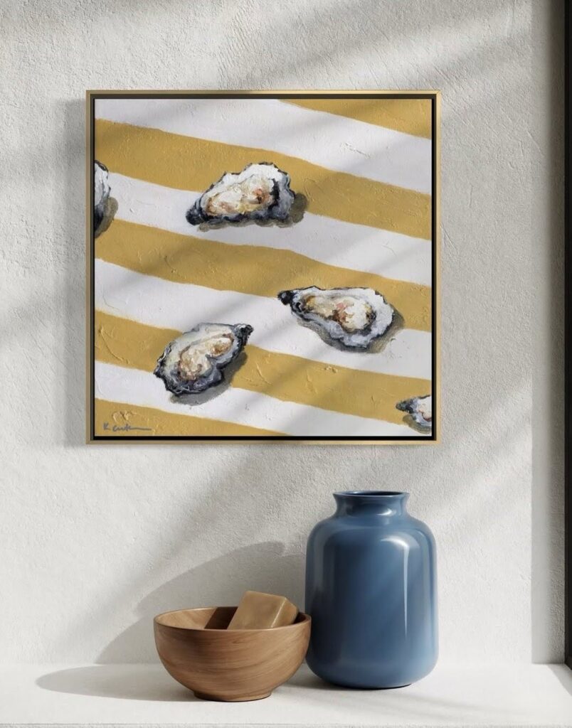 still life artwork from Karin Cutler of oysters on mustard striped background