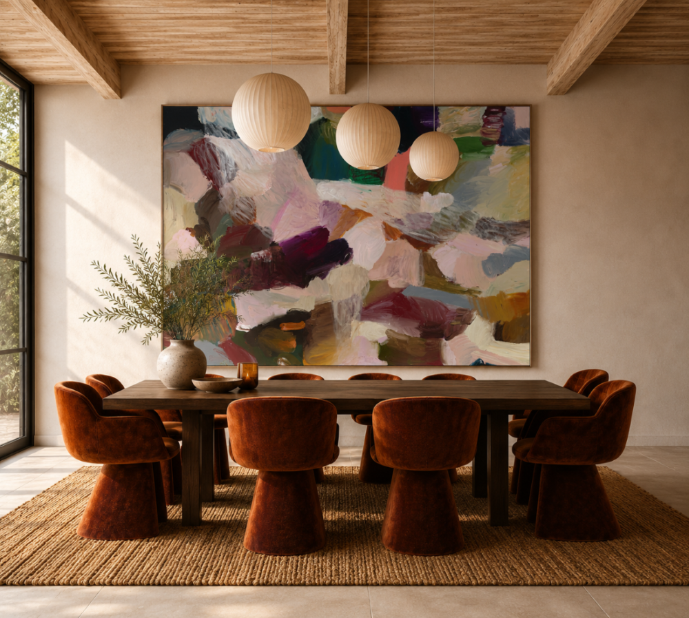 Large Shayle Flesser abstract artwork in dining room