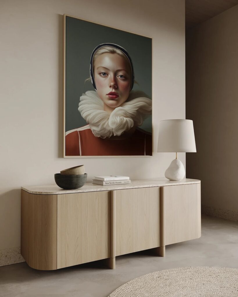 Alicia Bourley female artwork hanging above hallway table