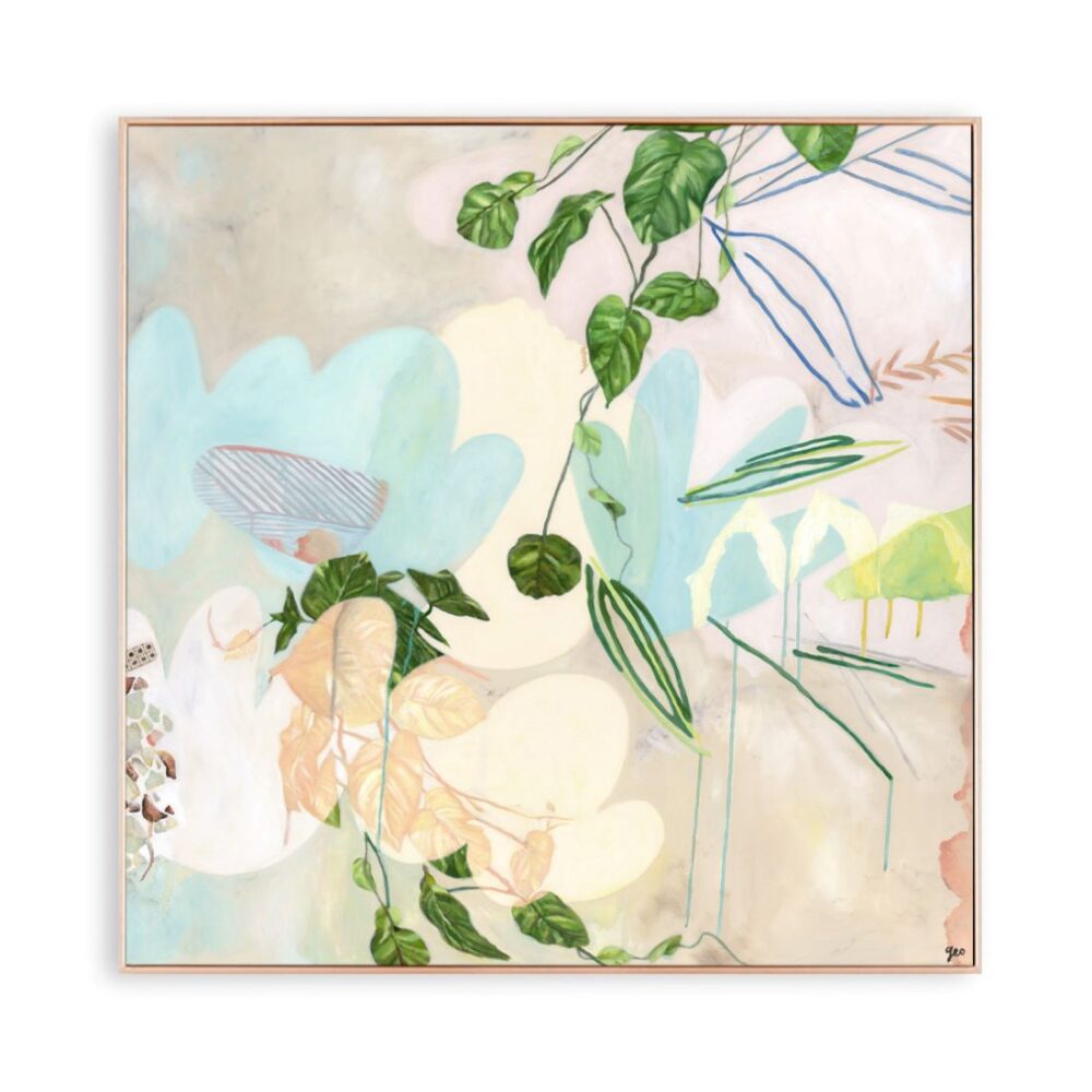 Abstract painting featuring botanical elements with soft pastel shapes and green foliage