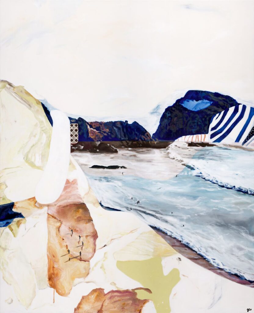 Abstract painting depicting a coastline with cliffs, waves, and layered textures