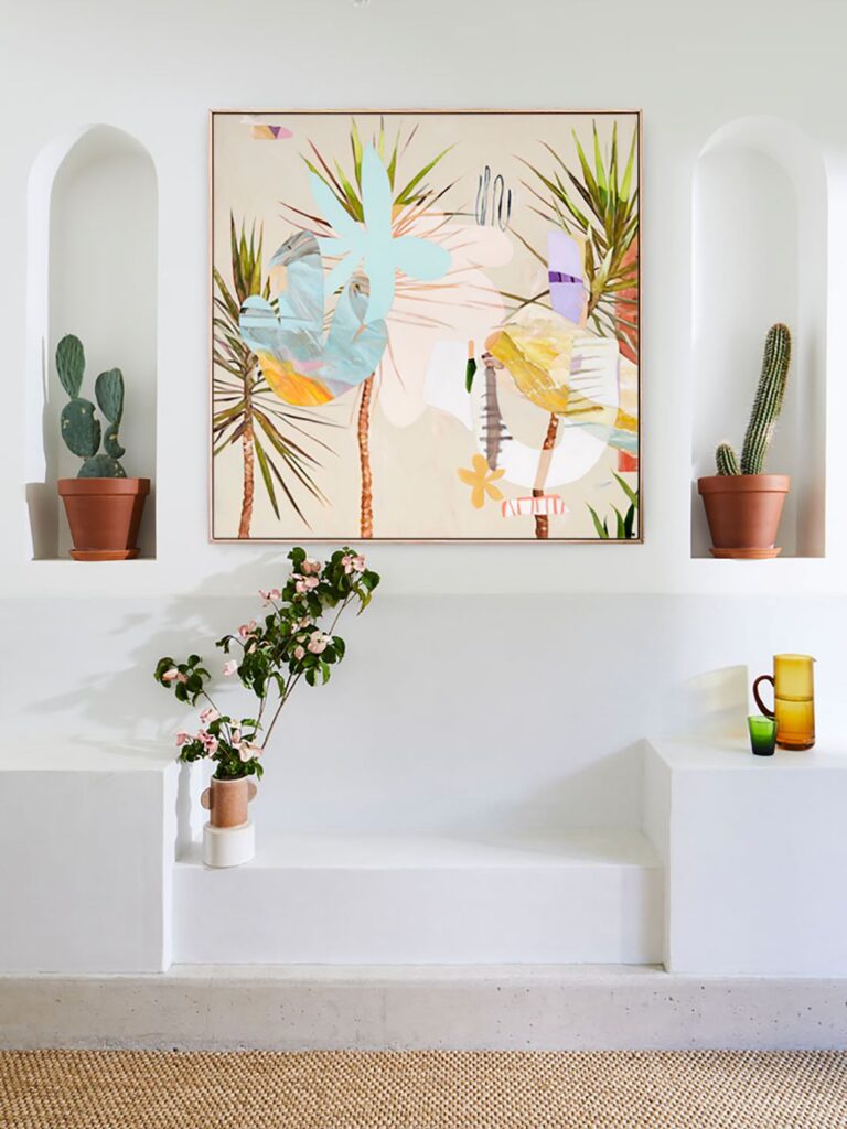 Abstract painting with palm-like forms, pastel shapes, and vibrant textured layers