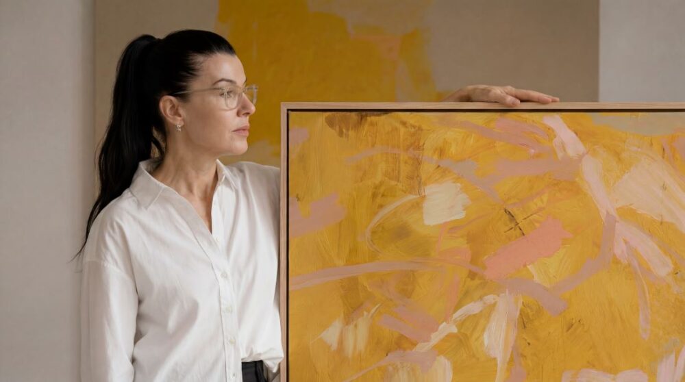 Shayle Flesser holding framed yellow abstract painting