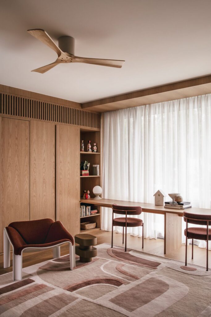 Modern home office with oak cabinetry