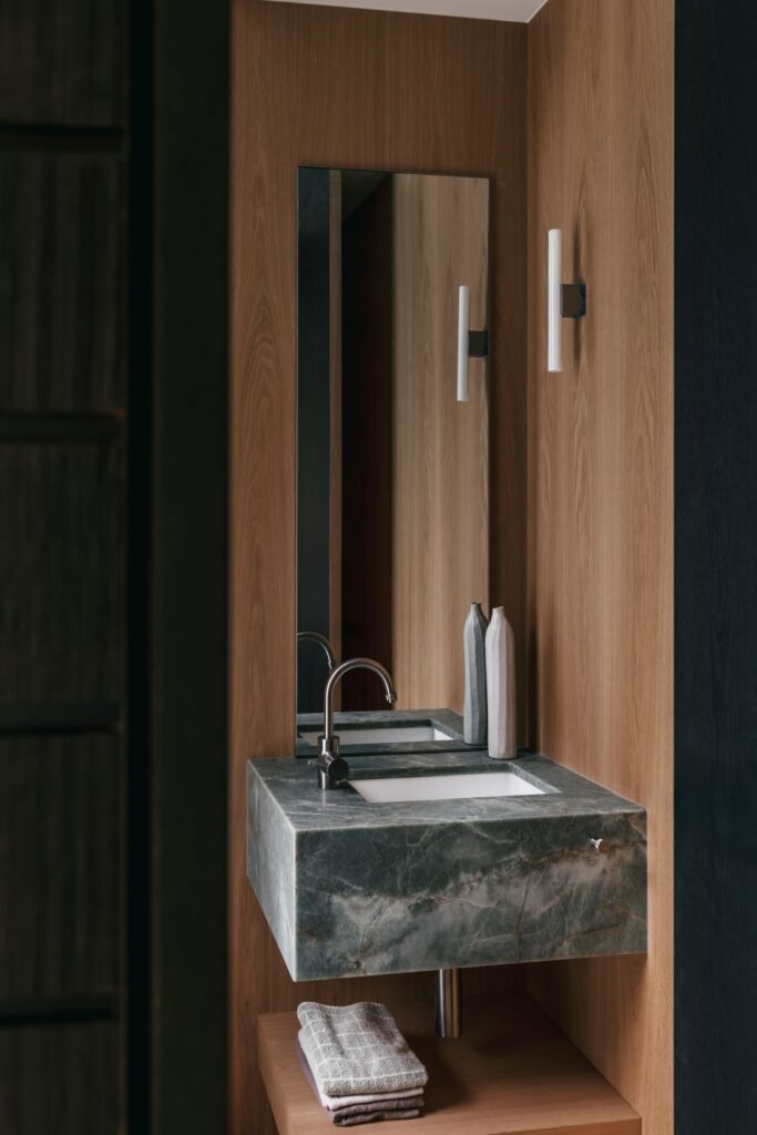 Small oak bathroom vanity with mirror