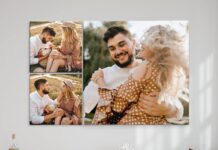 Five custom canvas prints featuring a couple arranged as a contemporary photo gallery wall