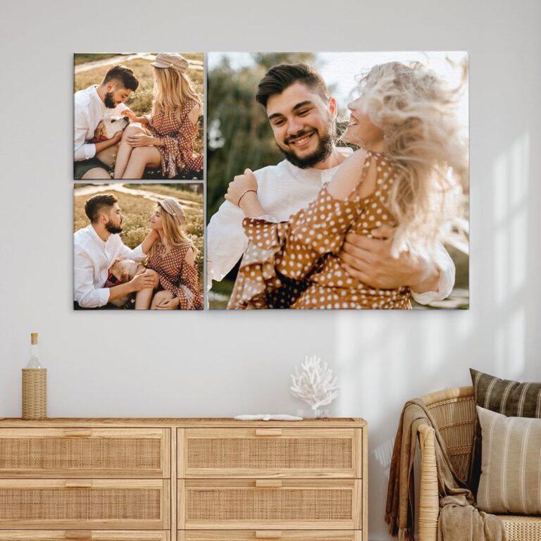 Five custom canvas prints featuring a couple arranged as a contemporary photo gallery wall