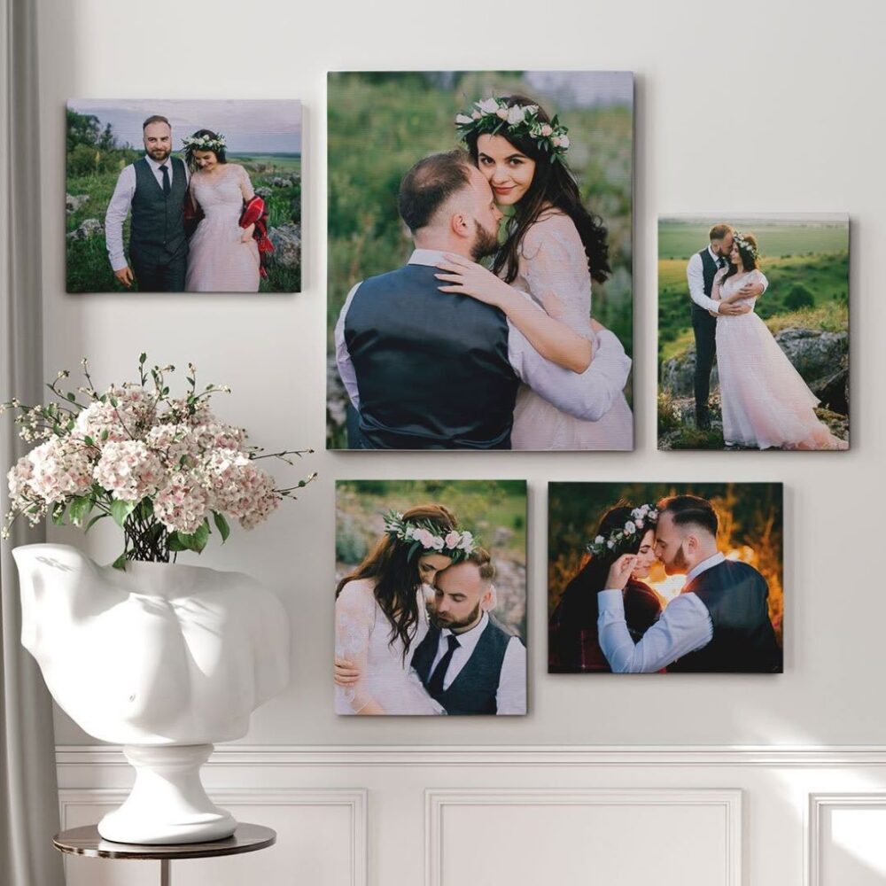 Five personalised wedding canvas prints featuring a bride and groom arranged as a gallery wall