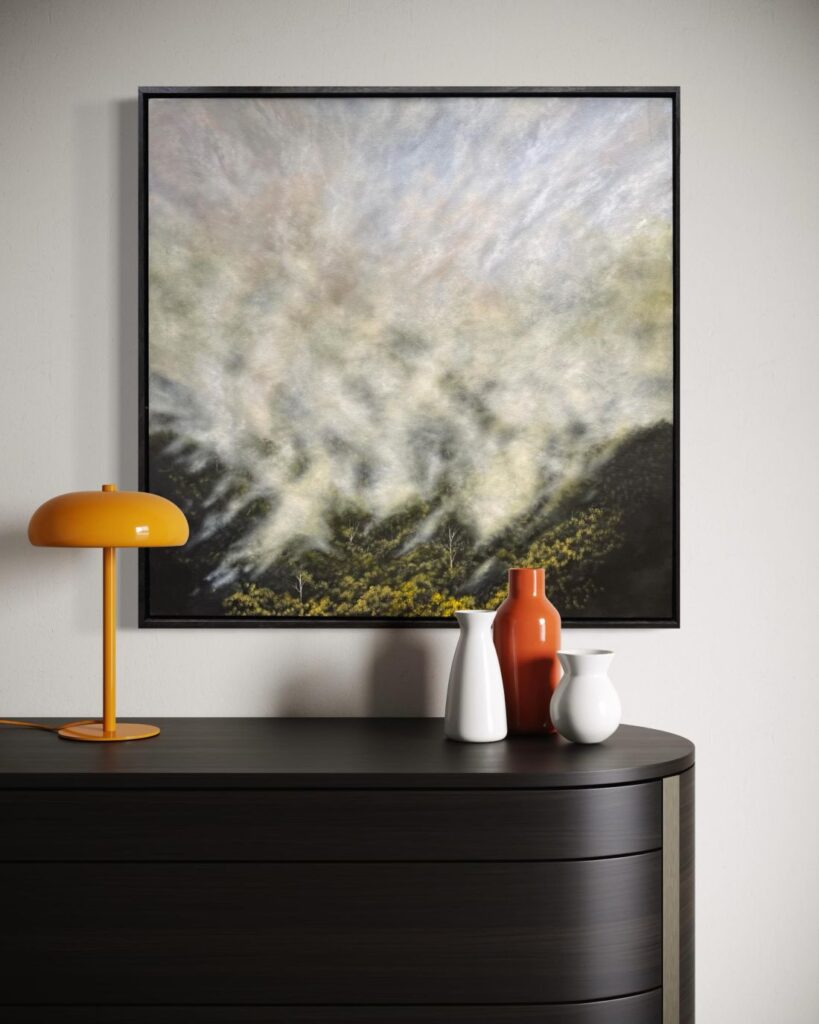 Atmospheric landscape painting by Kelly Kondis over dark sideboard