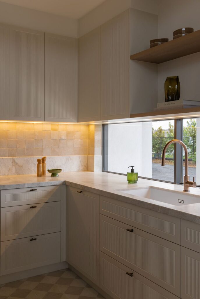 Butler's pantry with marble benchtop and picture window
