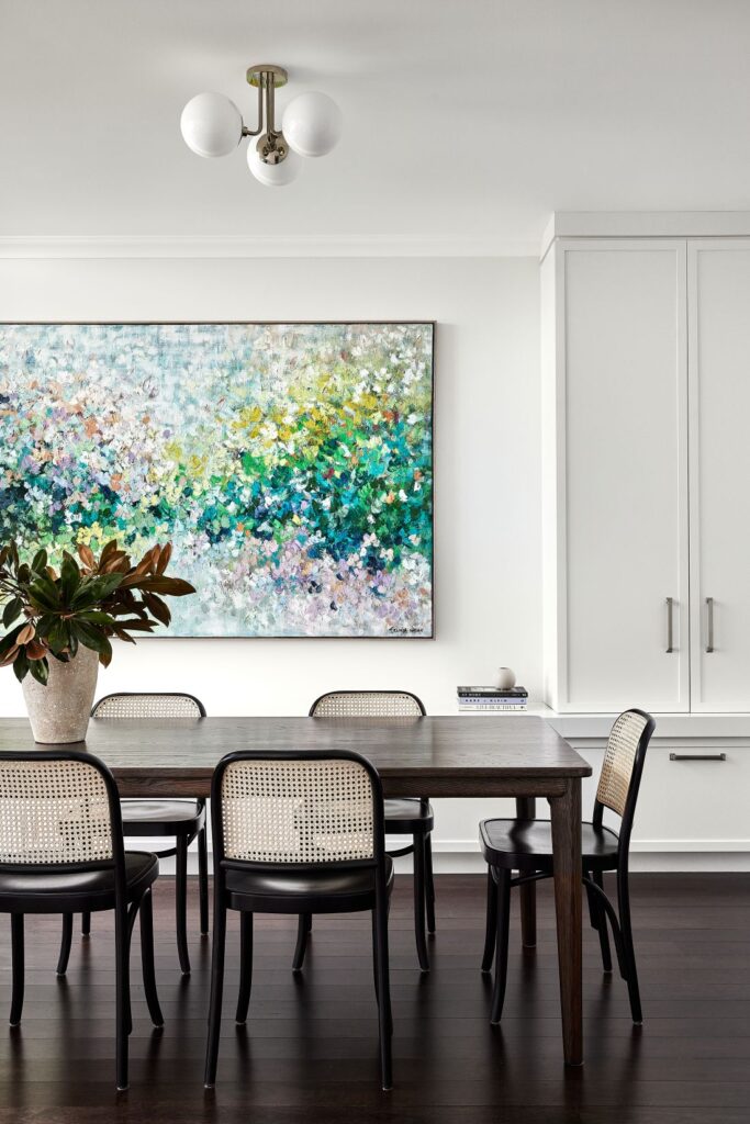 Colorful abstract art statement above dining set