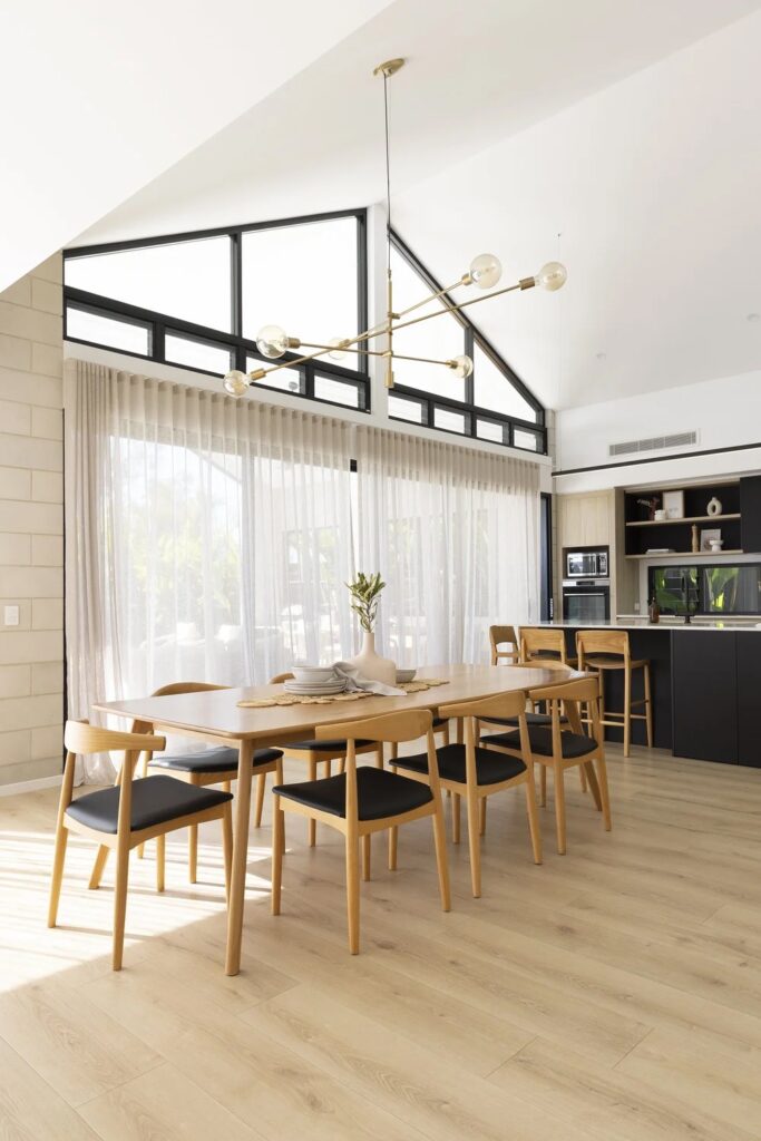Open plan dining space with pitched roof