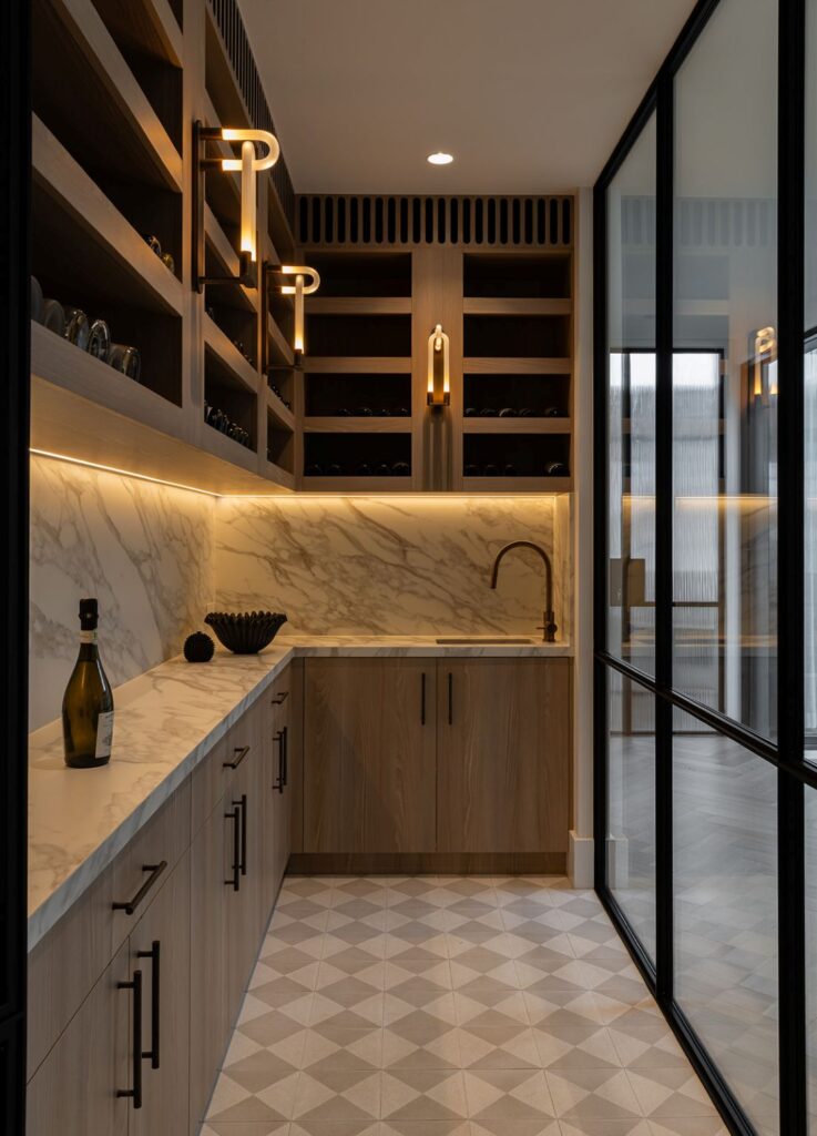Illuminated walk-in wine cellar in Boronia House