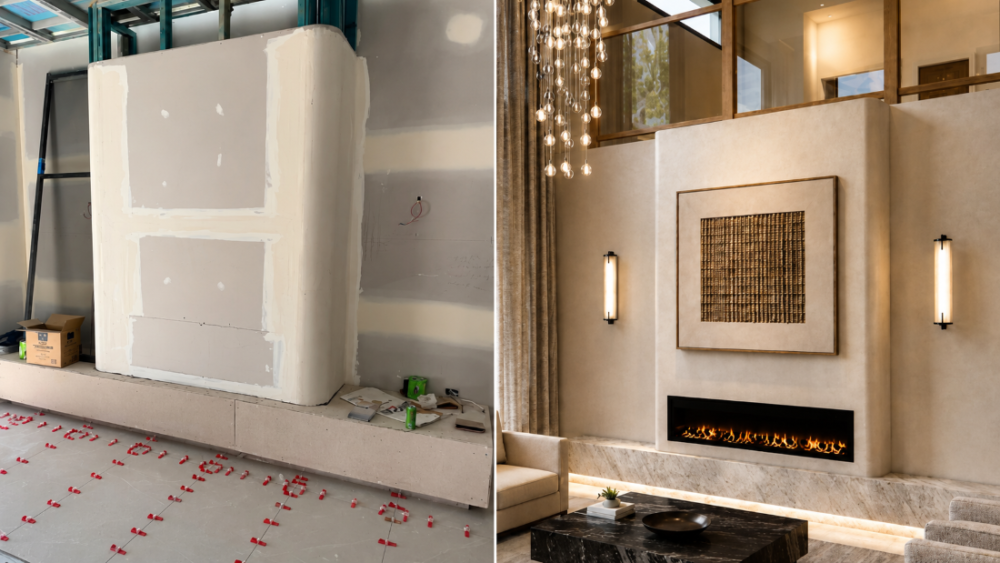 Before-and-after renovation showing a fireplace wall under construction and the completed fireplace with warm lighting, artwork and natural finishes.
