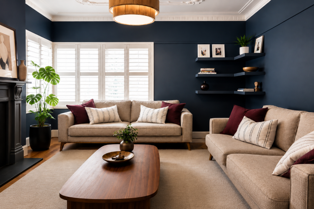 Living room with navy walls, neutral sofas, timber coffee table, white shutters and floating shelves styled with artwork and décor.