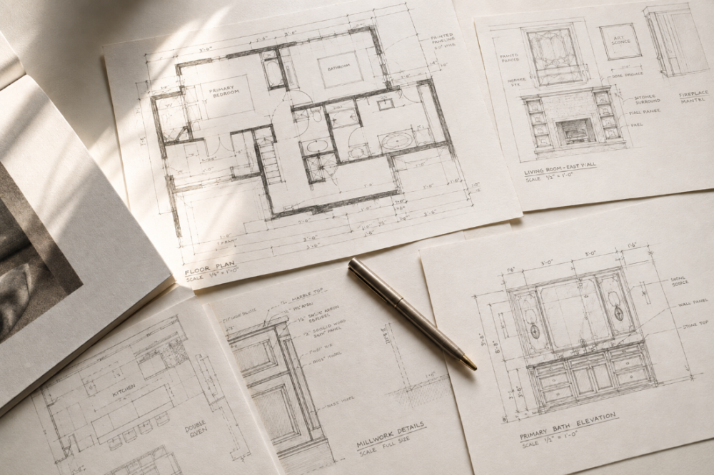 Architectural renovation drawings showing floor plans, kitchen and bathroom layouts, elevations and joinery details.