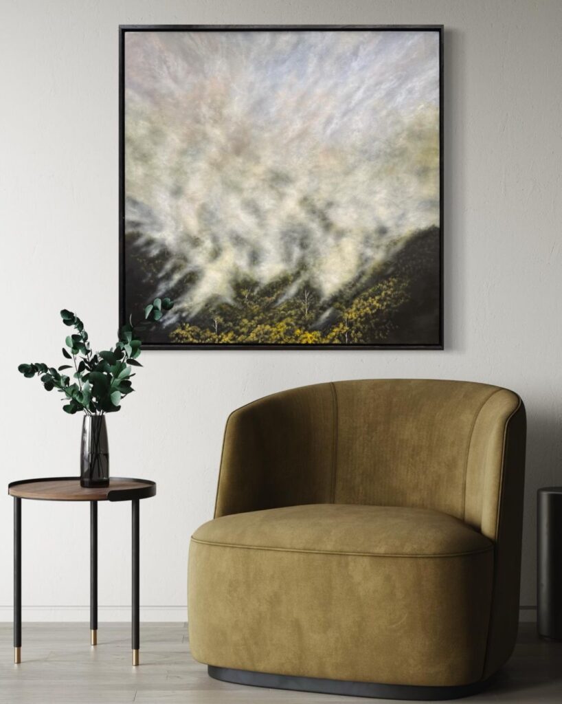 Misty forest canvas by Kelly Kondis in cosy lounge nook