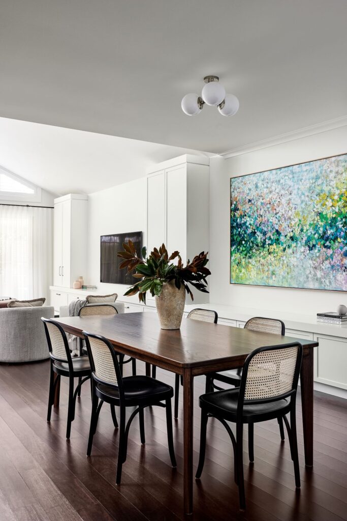 Vibrant abstract canvas in open-plan dining space
