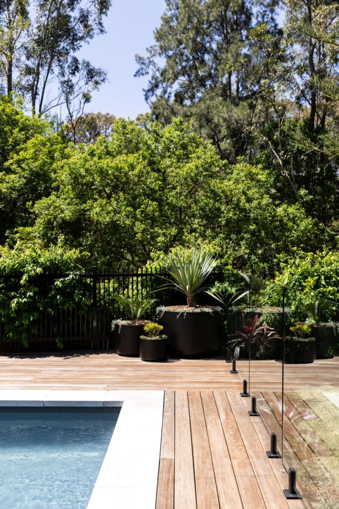 Waterhousia outdoor pool area featuring timber decking, glass balustrade, potted greenery and a lush garden backdrop.