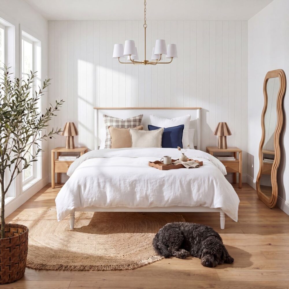 Bright bedroom featuring a white bed, matching wooden bedside tables, bedside lamps, neutral bedding, pendant light, timber flooring and woven rug.