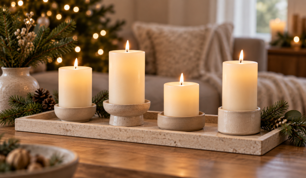 Christmas Pillar Candle Display with Natural Greenery and Stone Tray