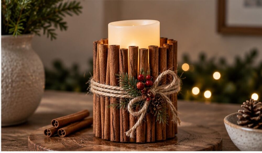 Cinnamon-Wrapped Pillar Candle with Natural Christmas Styling