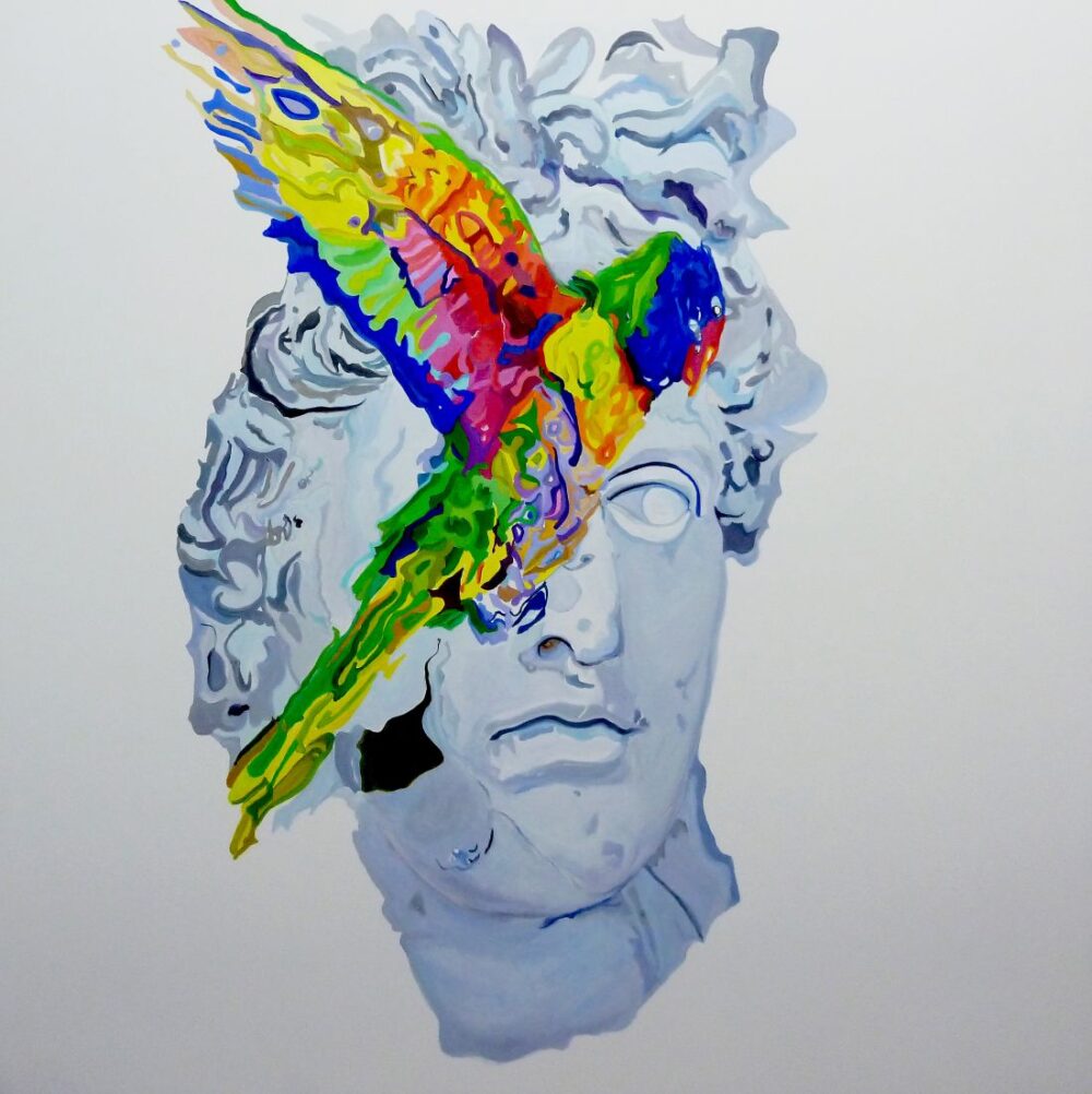 Classical bust with rainbow bird overlay by Jennifer Gabbay