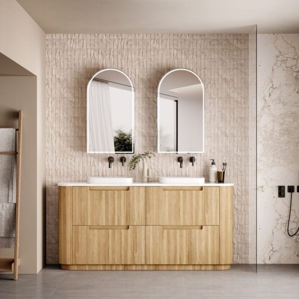 Double basin freestanding oak vanity with fluted detail