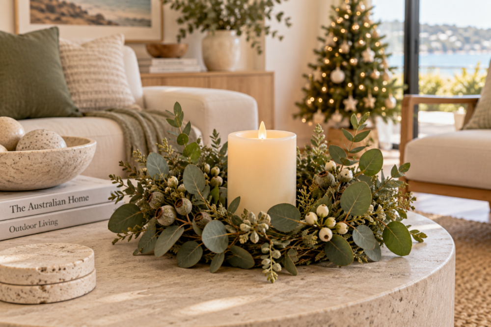Eucalyptus Candle Ring with Pillar Candle for Christmas Styling